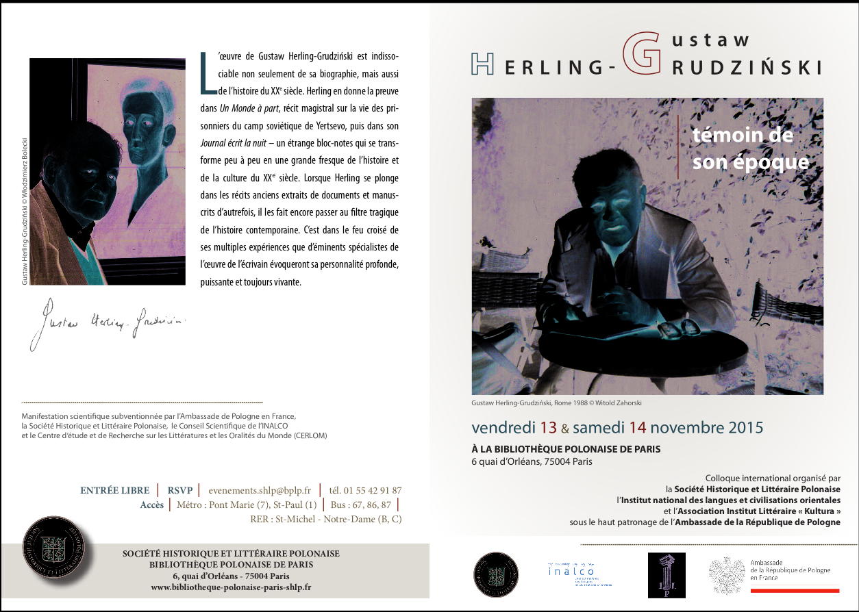 Invitation. Colloque. Gustaw Herling-Grudziński, témoin de son époque. 2015-11-13